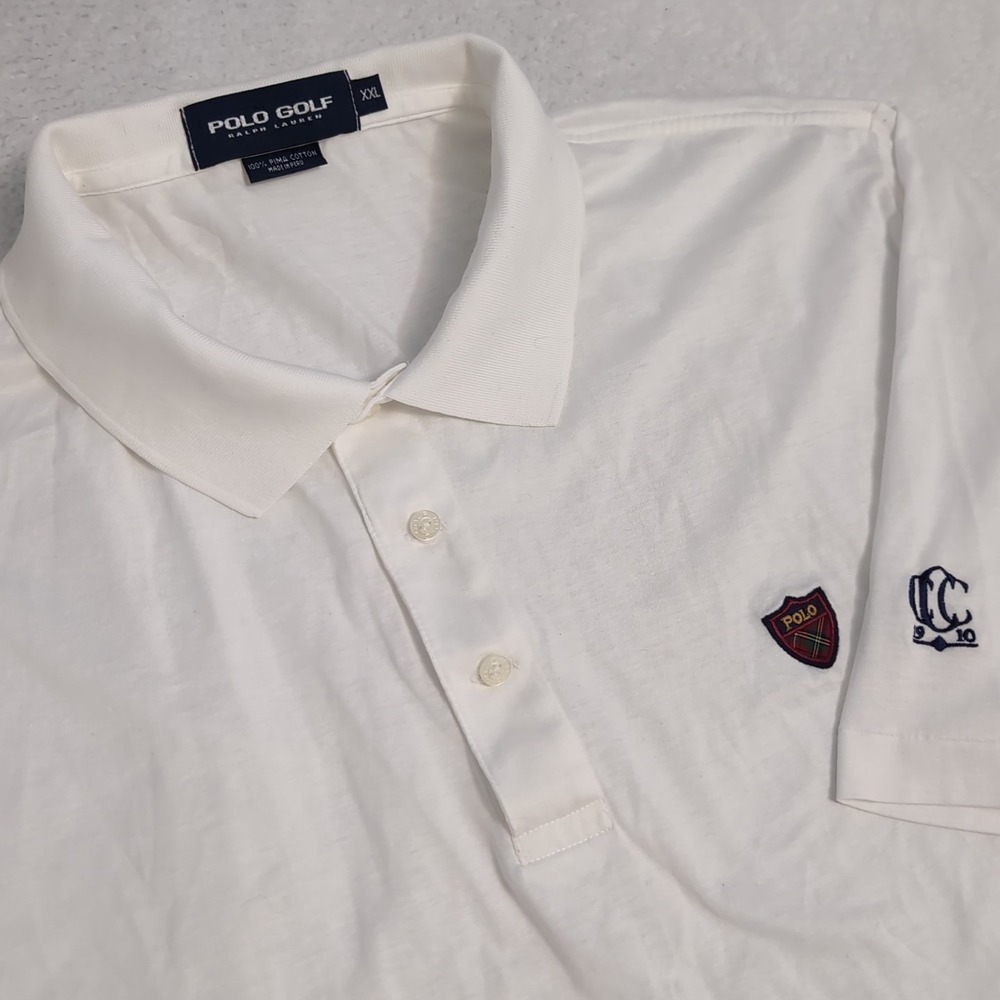 VTG POLO RALPH LAUREN Golf Polo Shirt Mens 2XL Solid White Shield Logo *Mint*